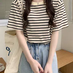 DressBerry Women Striped Drop-Shoulder Sleeves Regular Fit T-shirt-image-8