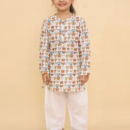 LITTLE GINNIE Unisex Kids Animal Printed Round Neck Pure Cotton Kurta With Pyjamas-picture-24