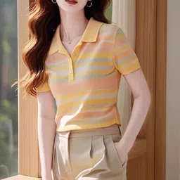DressBerry Women Striped Polo Collar Cotton T-shirt-picture-36