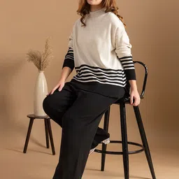 The Roadster Lifestyle Co Striped Woolen Sweater & Wide-Leg Trousers Co-Ords-image-81