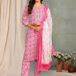 Mokshielite Floral Printed Round-Neck Pure Cotton Kurta With Trousers & Dupatta-image-3