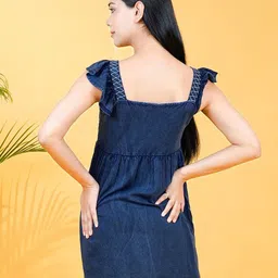 Cosmic Trio Women Embroidered square Neck Flutter Sleeve Fit & Flare Dress image 3