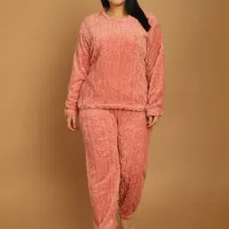 GRAGE Women Pink Solid Woolen Fur Winter Wear Night Suit-image-18