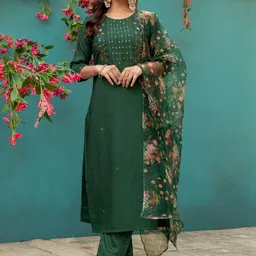 C J Enterprise Floral Embroidered Thread Work Pure Silk Kurta with Trousers & Dupatta-picture-41
