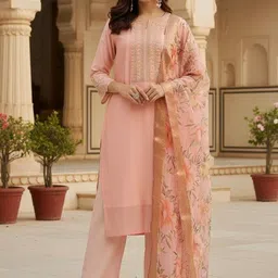 AVANSHEE Women Floral Embroidered Regular Thread Work Chanderi Cotton Kurta with Trousers & With Dupatta-picture-16