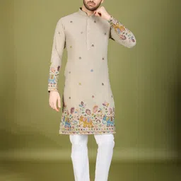 ODETTE Men Floral Embroidered Flared Sleeves Thread Work Pathani Kurta-image-41