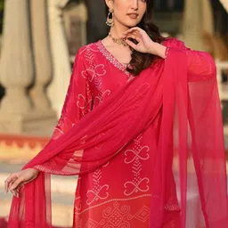 Navlik Bandhani Printed V-Neck Mirror Work Straight Kurta With Trousers & Dupatta image 4