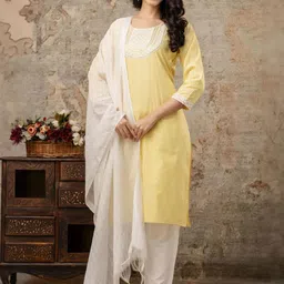 AUZAAI COLLECTION Women Striped Regular Sequinned Pure Cotton Kurta with Trousers & With Dupatta-picture-18