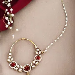 ANIKAS CREATION Gold-Plated Kundan Studded And Pearls Beaded Chained Nosepin-image-75