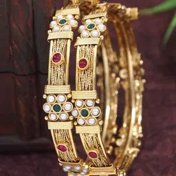 SGA FASHION Set Of 2 Gold-Plated American Diamond-Studded & Beaded Bangles-picture-38