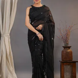 KALINI Black Striped Poly Georgette Saree-image-4