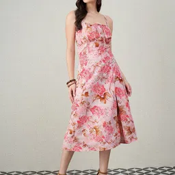 Kibo Women Floral Printed Shoulder Straps Crepe Fit & Flare Midi Dress-picture-47
