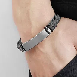 M Men Style Men Silver-Plated Shri Ganeshay Namah Braided Leather Cuff Bracelet image 5