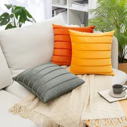 Khooti Grey & Yellow Set of 3 Striped Square Cushion Covers image 3