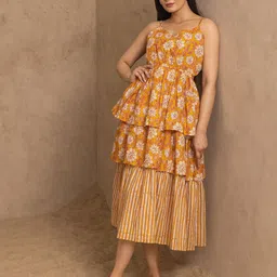 Polago Clothing Women Ethnic Motifs Print Layered Fit & Flare Midi Dress-picture-24