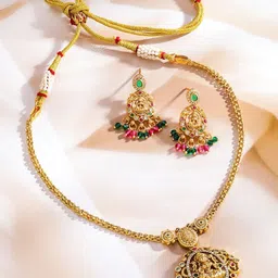 Rubans 22KT Gold-Plated Kundan Stone Studded & Beaded Lakshmi Goddess Jewellery Set-picture-19