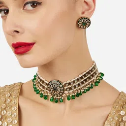 Zaveri Pearls Gold-Plated Kundan Studded And Pearls Beaded Meenakari Jewellery Set image 2