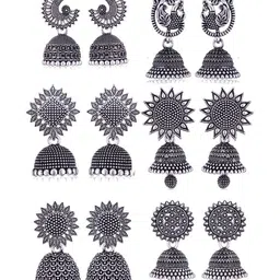 Sangria Set Of 6 Silver Plated Oxidized Jhumka Earrings-image-99