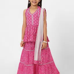 Nauti Nati Girls Bandhani Printed Pure Cotton Empire Anarkali Kurti With Sharara & Dupatta image 2