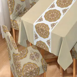 HOKIPO Brown 5 Pieces Stretchable Dining Chair Cover & Matching Tablecloth image 3