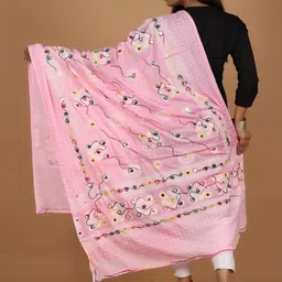 RajeRaj Women Pink Cotton Embroidered Bandhani Dupatta with Thread Work image 4