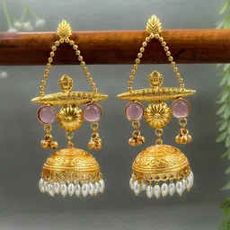 NAMAN ARTS Gold-Plated Artificial Stone Studded and beaded Dome Shaped Jhumkas-picture-27