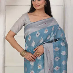 HERE&NOW Woven Design Zari Linen Blend Handloom Saree image 4