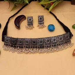 SZN Artificial Stone Studded & Beaded Oxidized Necklace & Earrings-picture-48