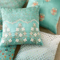Home Centre Velour Green 5 Pieces Floral Embroidered Square Cushion Covers-image-48
