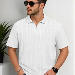 JUMPCUTS Men Self Design Polo Collar Cotton Relaxed Fit T-shirt-image-23