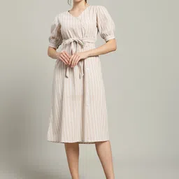 REBERRY Women Striped Puff Sleeve A-Line Midi Dress-image-61