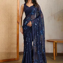 FashionsEye Floral Embroidered Sequinned Pure Georgette Saree And Unstiched Blouse Piece image 5