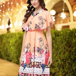 CORSICA Women Floral Printed Flared Sleeve Ruffled Crepe Fit & Flare Dress-picture-34