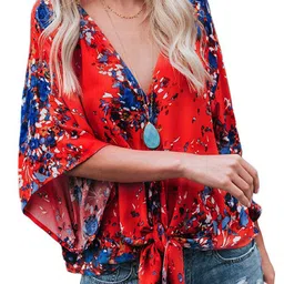 StyleCast x Revolte Red Floral Printed Kimono Sleeve Kaftan Top image 4