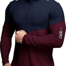 eyebogler Men Colorblock High Neck Cotton Blend Navy Blue, Red T-Shirt-picture-20