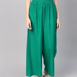 Women Regular Fit Green Viscose Rayon Trousers-image-1