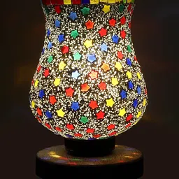 Devansh White & Red Round Shaped Brushed Wooden Table Lamp With Mosaic Design Glass Shade image 2