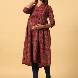 CRAFIQA Ethnic Motif Printed Pure Cotton Maternity Anarkali Kurta image 2