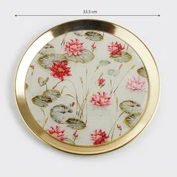 Home Centre Corsica White & Golden Lotus Printed Metal Wall Plate image 4