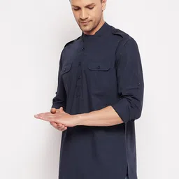 Hypernation Men Navy Blue Thread Work Pathani Kurta image 5