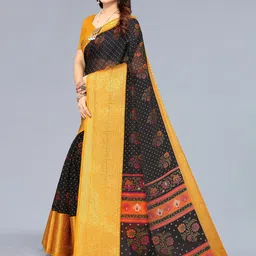 Winza Designer Black And Yellow Floral Print Zari Woven Design Border Bandhani Saree image 4