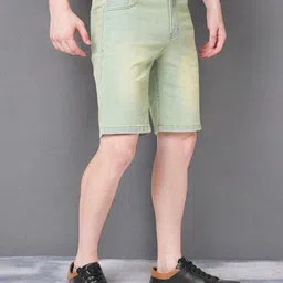 provogue Solid Men Green Denim Shorts image 3