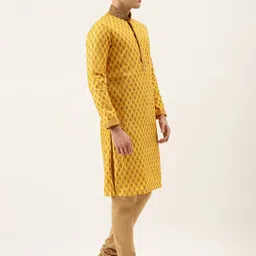 Manyavar Men Mustard Yellow & Beige Woven Design Jacquard Weave Kurta with Churidar image 3