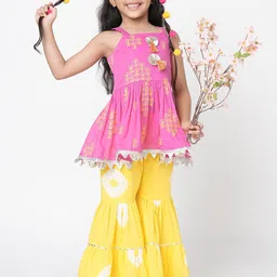 LIL DRAMA Girls Pink Floral Embroidered Regular Thread Work Pure Cotton Kurta With Sharara image 3