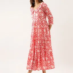 KALINI Floral Print Above the Keyboard Collar Gather Tiered Cotton Fit & Flare Midi Dress image 4