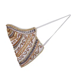 Anekaant Women White & Gold  3-Ply Art Silk Embellished Fabric Fashion Mask image 5