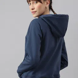 Fitkin Women Blue Regular Fit Fleece Hooded Sweatshirt image 4