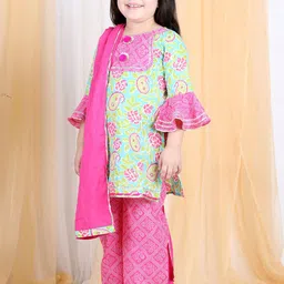 LIL PITAARA Girls Turquoise Blue Gotta Patti Pure Cotton Kurta with Palazzos & With Dupatta image 4