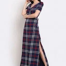 La Zoire Navy Blue & White Checked Crepe Maxi Dress image 4