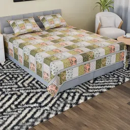 Aura White & Green Floral 144 TC King Bedsheet with 2 Pillow Covers-picture-30